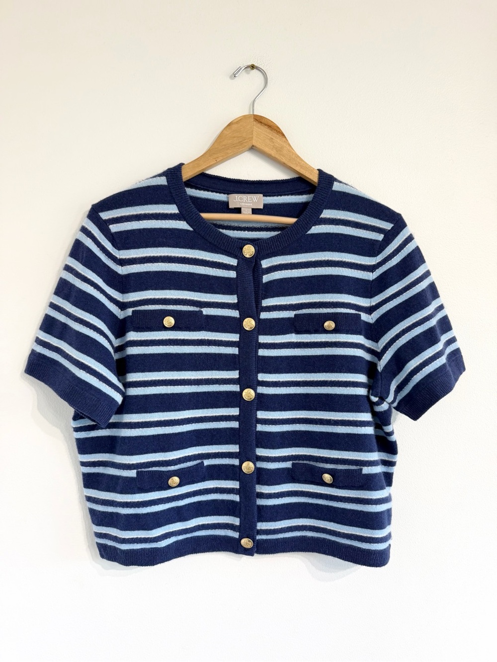 J.Crew Cashmere short-sleeve cardigan Navy & Light Blue Striped nautical